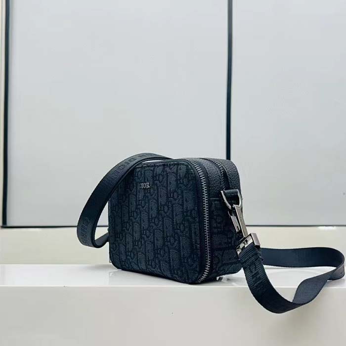 Dior Unisex CD Pouch Strap Black Dior Oblique Jacquard Double Zipped Pocket