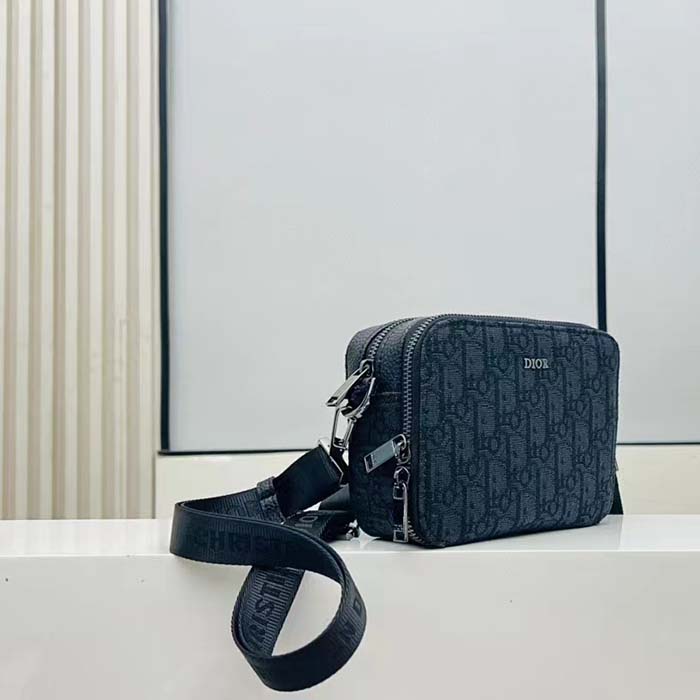 Dior Unisex CD Pouch Strap Black Dior Oblique Jacquard Double Zipped Pocket