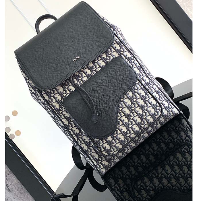 Dior Unisex CD Saddle Backpack Beige Black Dior Oblique Jacquard Black Grained Calfskin