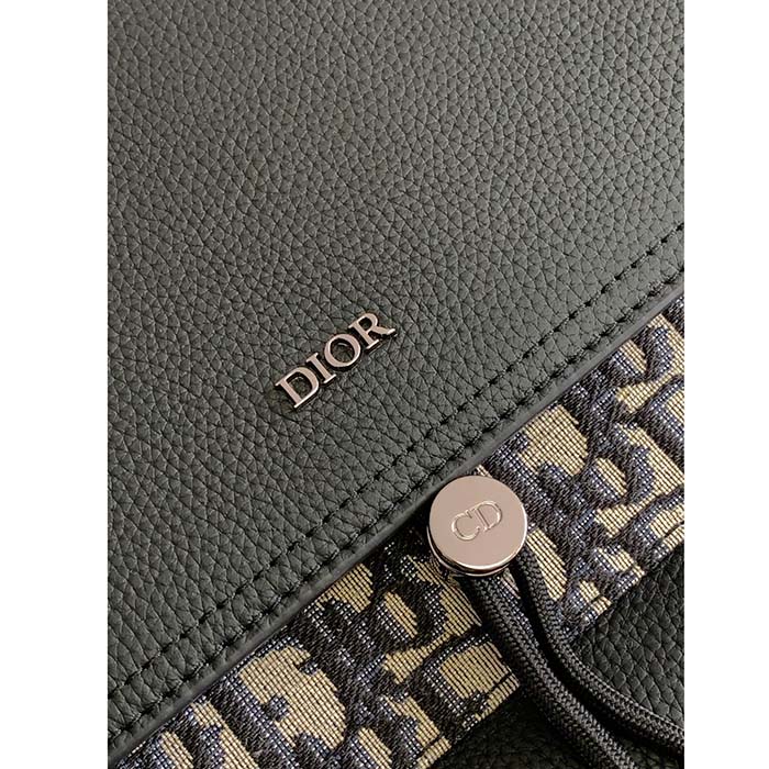 Dior Unisex CD Saddle Backpack Beige Black Dior Oblique Jacquard Black Grained Calfskin