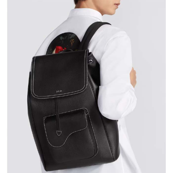 Dior Unisex CD Saddle Backpack Black Grained Calfskin Leather Top Handle