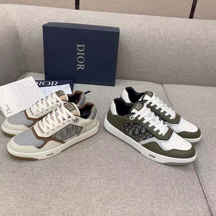 Dior Unisex Shoes CD B27 Low-Top Sneaker Olive Cream Smooth Calfskin Beige Black Oblique Jacquard