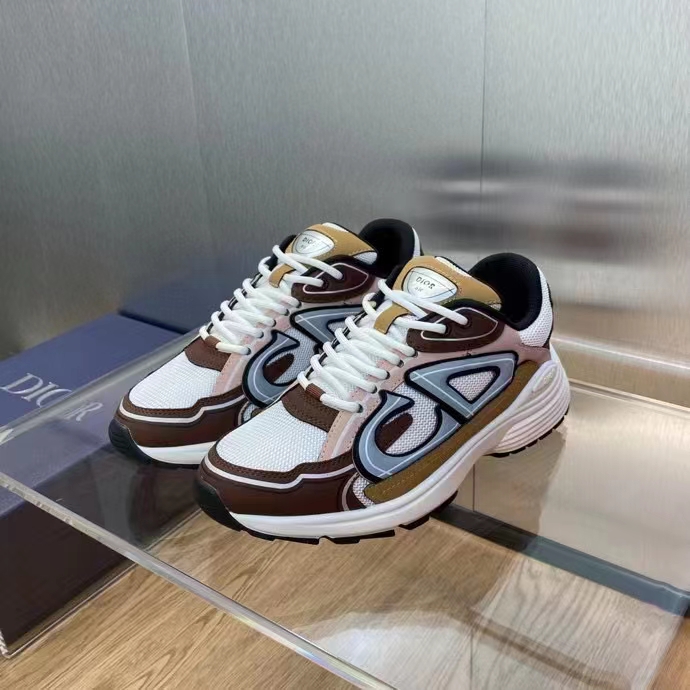 Dior Unisex Shoes CD B30 Sneaker Gray Mesh Brown Orange Beige Technical Fabric