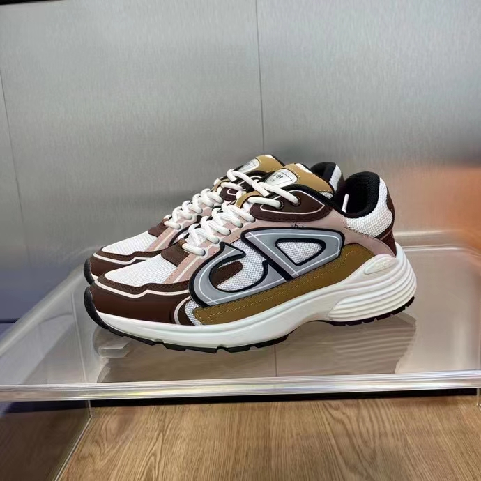 Dior Unisex Shoes CD B30 Sneaker Gray Mesh Brown Orange Beige Technical Fabric