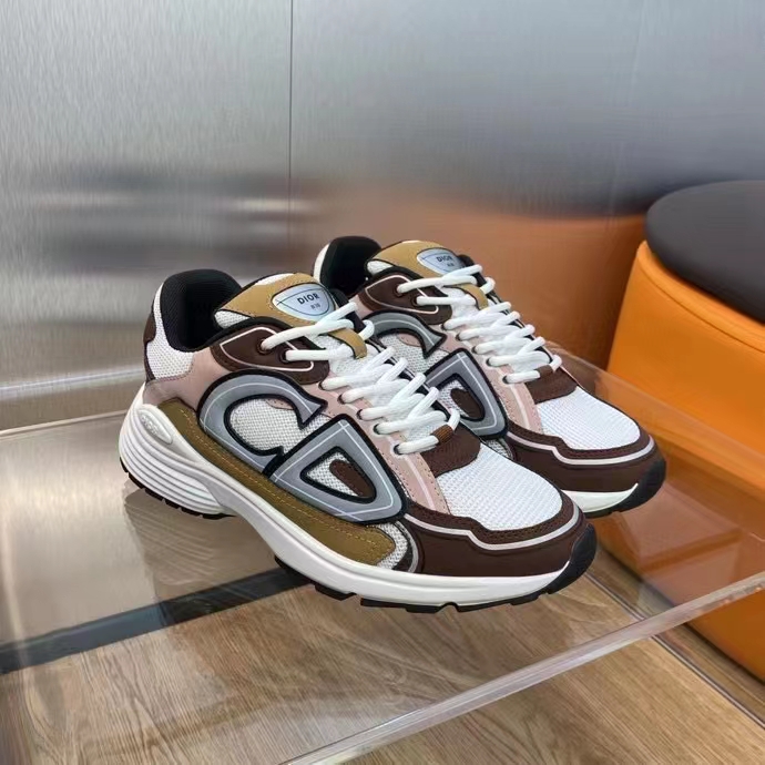 Dior Unisex Shoes CD B30 Sneaker Gray Mesh Brown Orange Beige Technical Fabric