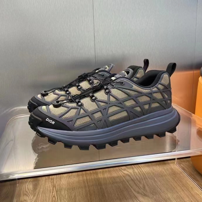 Dior Unisex Shoes CD B31 Runner Sneaker Brown Technical Mesh Deep Gray Rubber Warped Cannage