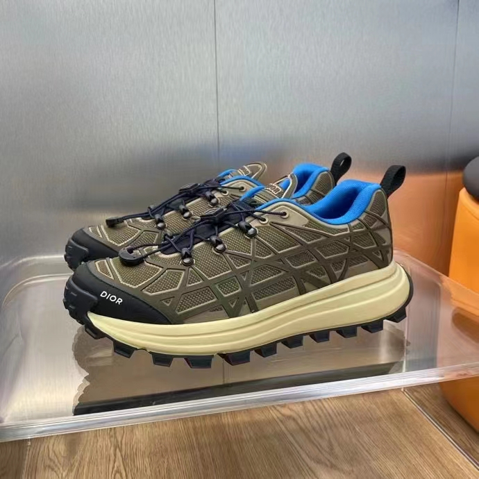 Dior Unisex Shoes CD B31 Runner Sneaker Brown Technical Mesh Khaki Rubber Warped Cannage