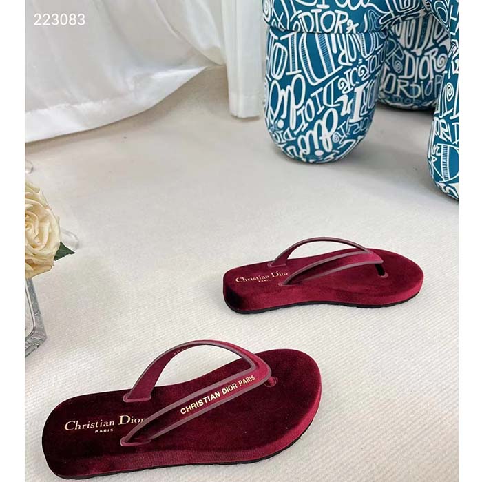 Dior Women CD Diorsea Thong Sandal Scarlet Red Velvet Gold-Tone 3 CM Heel