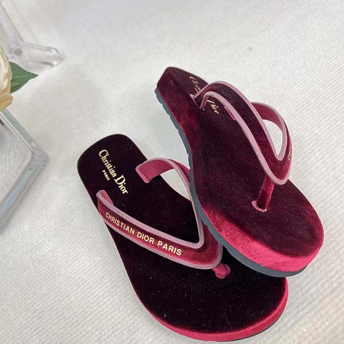 Dior Women CD Diorsea Thong Sandal Scarlet Red Velvet Gold-Tone 3 CM Heel