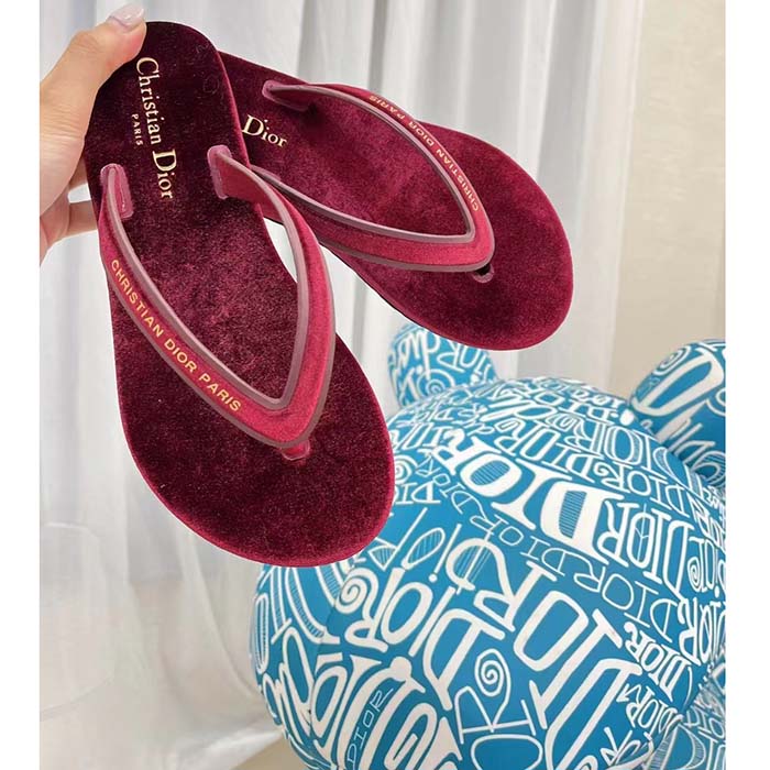Dior Women CD Diorsea Thong Sandal Scarlet Red Velvet Gold-Tone 3 CM Heel