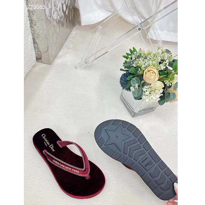Dior Women CD Diorsea Thong Sandal Scarlet Red Velvet Gold-Tone 3 CM Heel