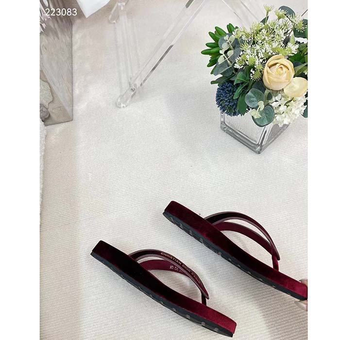 Dior Women CD Diorsea Thong Sandal Scarlet Red Velvet Gold-Tone 3 CM Heel
