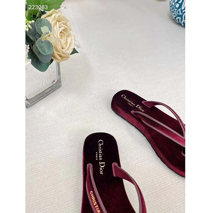 Dior Women CD Diorsea Thong Sandal Scarlet Red Velvet Gold-Tone 3 CM Heel
