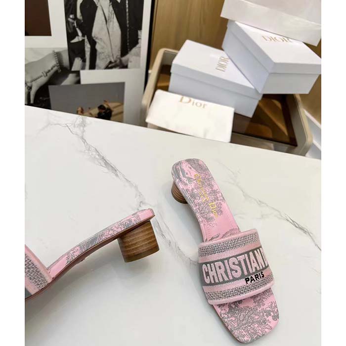 Dior Women CD Dway Heeled Slide Gray Pink Embroidered Cotton Toile De Jouy Reverse