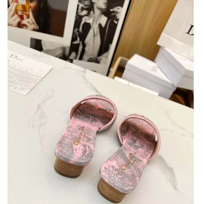 Dior Women CD Dway Heeled Slide Gray Pink Embroidered Cotton Toile De Jouy Reverse