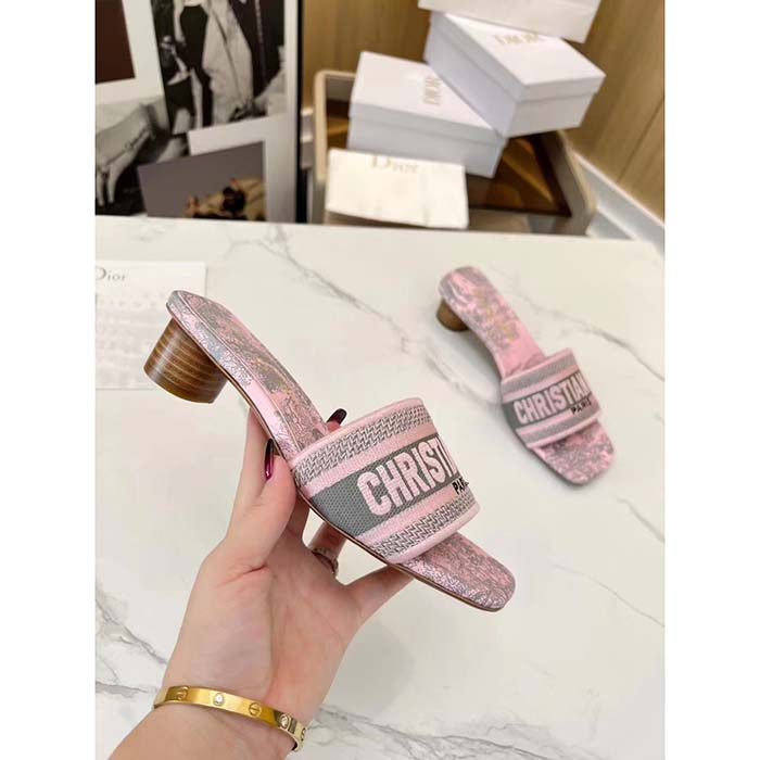 Dior Women CD Dway Heeled Slide Gray Pink Embroidered Cotton Toile De Jouy Reverse