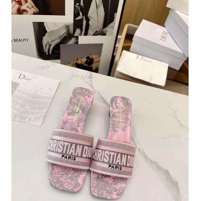 Dior Women CD Dway Heeled Slide Gray Pink Embroidered Cotton Toile De Jouy Reverse