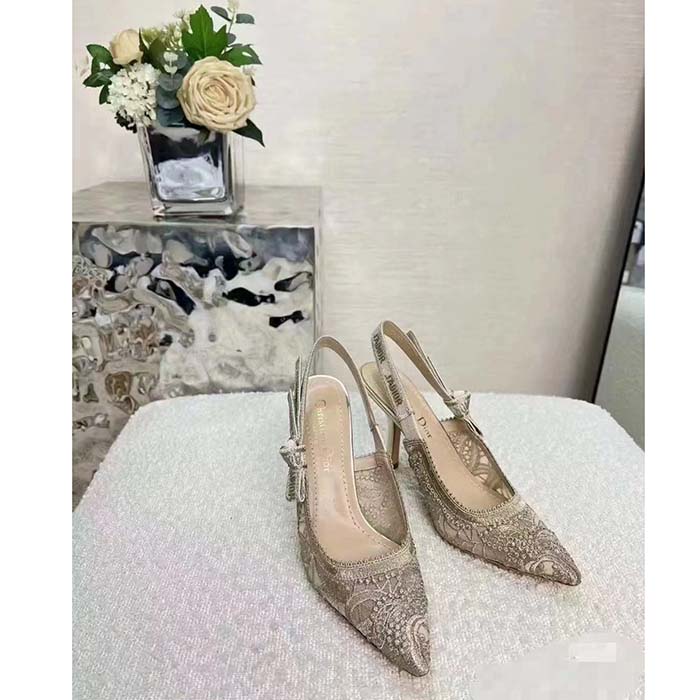Dior Women CD J’Adior Slingback Pump Transparent Mesh Embroidered Gold-Tone D-Lace Macramé