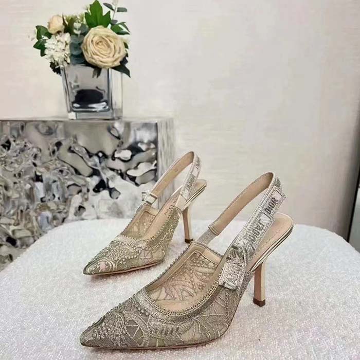 Dior Women CD J’Adior Slingback Pump Transparent Mesh Embroidered Gold-Tone D-Lace Macramé