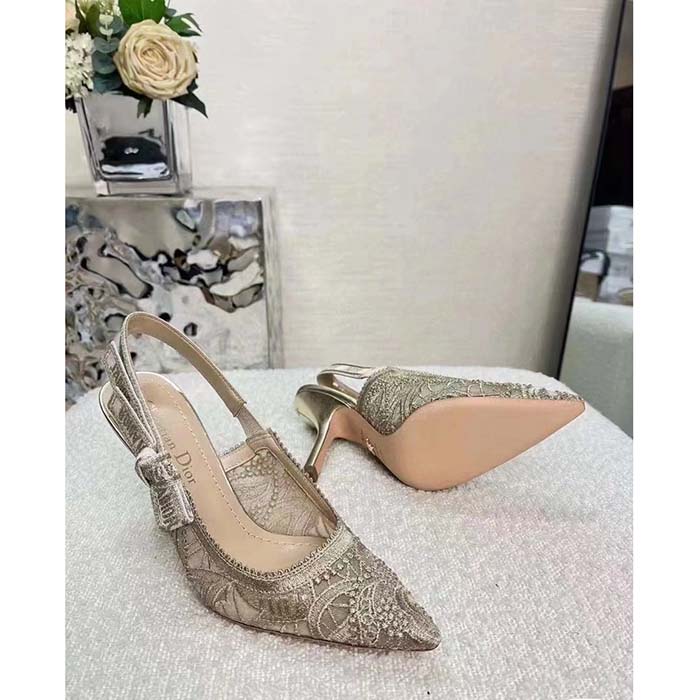 Dior Women CD J’Adior Slingback Pump Transparent Mesh Embroidered Gold-Tone D-Lace Macramé