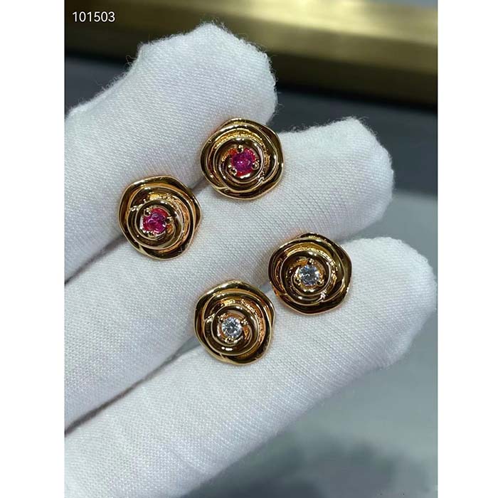 Dior Women CD Large Rose Dior Couture Earrings Pink Gold Diamonds 0.14 ct