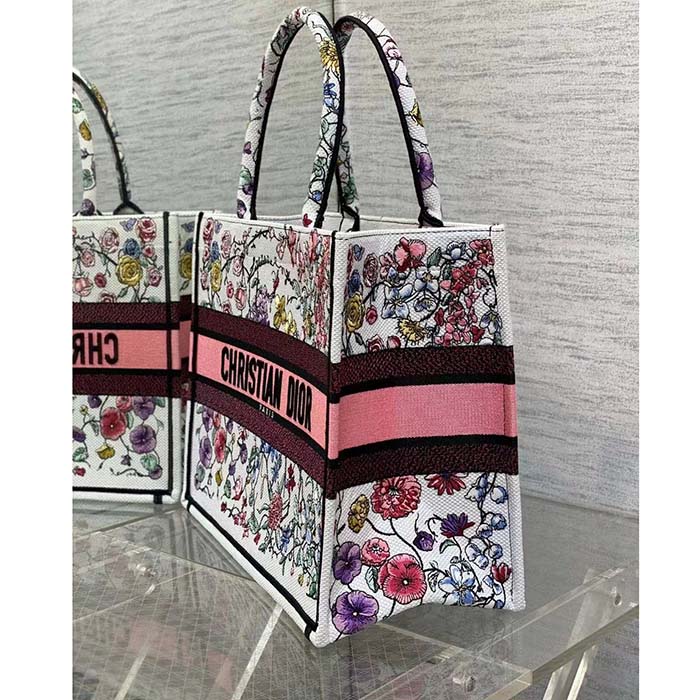 Dior Women CD Medium Book Tote White Multicolor Florilegio Embroidery