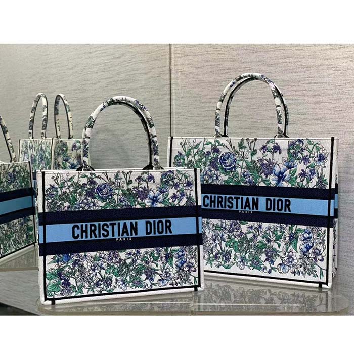 Dior Women CD Medium Book Tote White Multicolor Flowers Constellation Embroidery