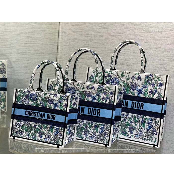 Dior Women CD Medium Book Tote White Multicolor Flowers Constellation Embroidery