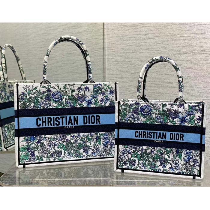 Dior Women CD Medium Book Tote White Multicolor Flowers Constellation Embroidery