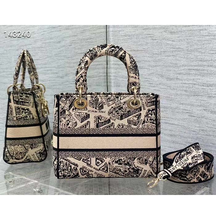 Dior Women CD Medium Lady D-Lite Bag Beige Black Plan De Paris Embroidery