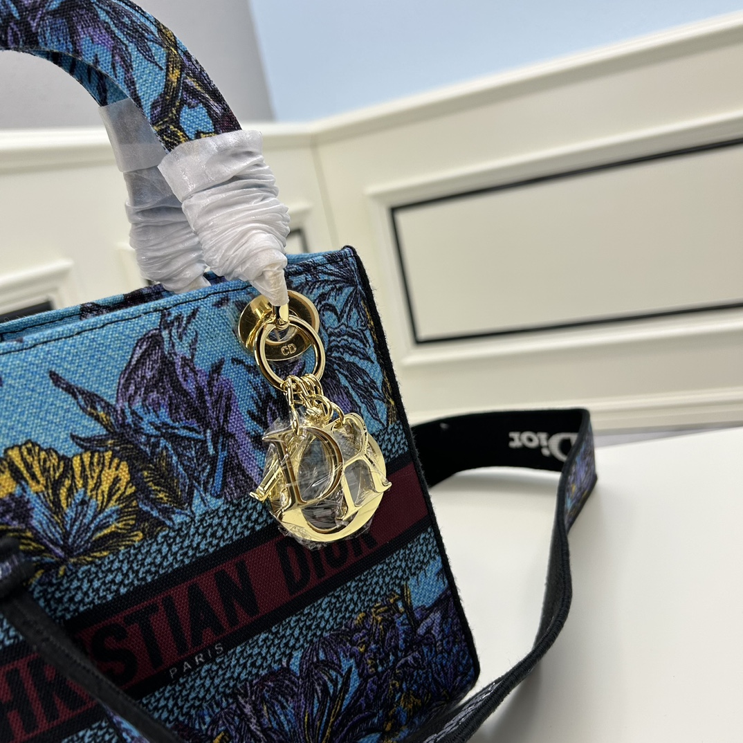Dior Women CD Medium Lady D-Lite Bag Celestial Blue Multicolor Toile De Jouy Voyage Embroidery