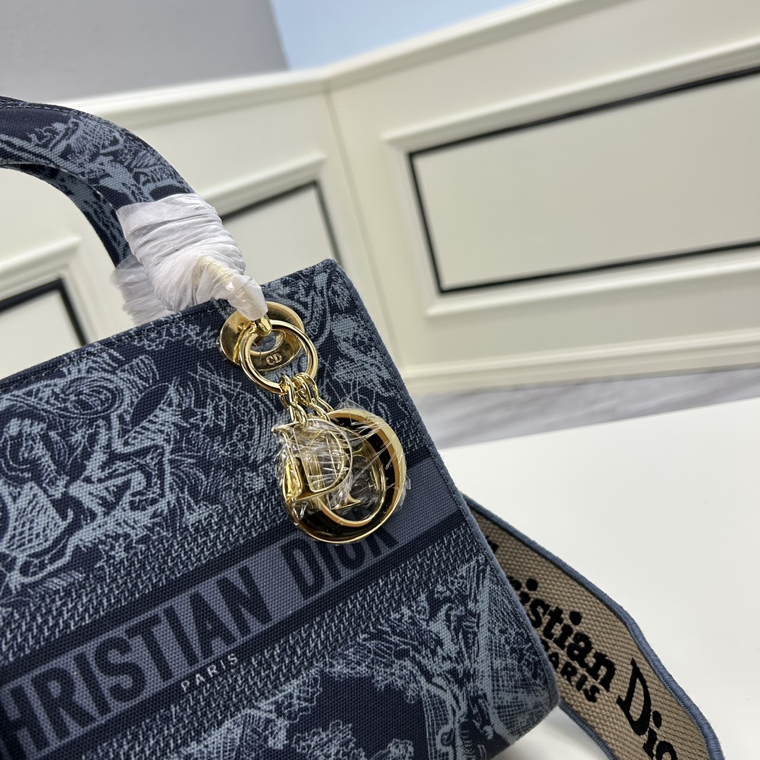 Dior Women CD Medium Lady D-Lite Bag Denim Blue Toile De Jouy Embroidery