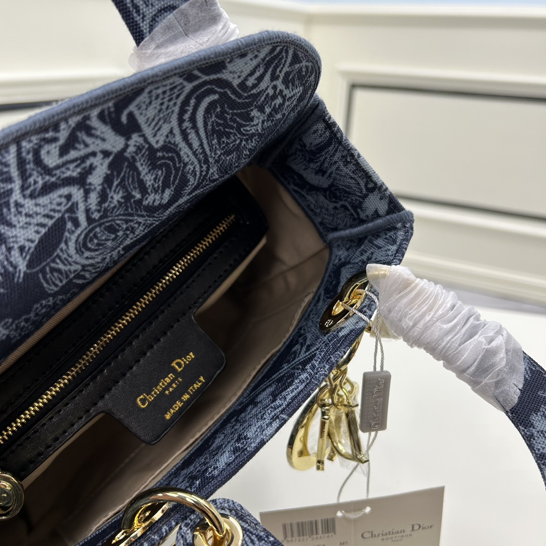 Dior Women CD Medium Lady D-Lite Bag Denim Blue Toile De Jouy Embroidery