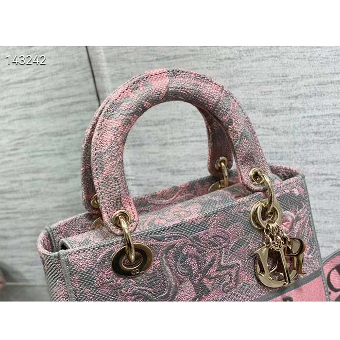 Dior Women CD Medium Lady D-Lite Bag Gray Pink Toile De Jouy Reverse Embroidery
