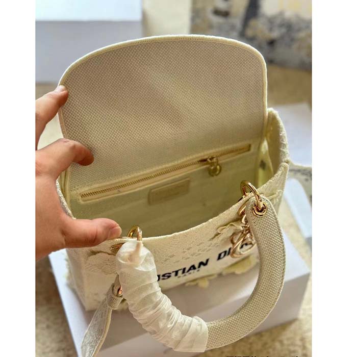 Dior Women CD Medium Lady D-Lite Bag Natural D-Lace Embroidery 3D Macramé Effect