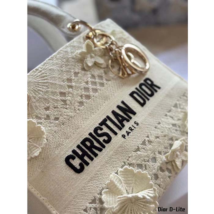 Dior Women CD Medium Lady D-Lite Bag Natural D-Lace Embroidery 3D Macramé Effect