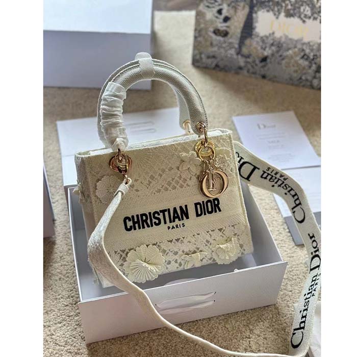 Dior Women CD Medium Lady D-Lite Bag Natural D-Lace Embroidery 3D Macramé Effect
