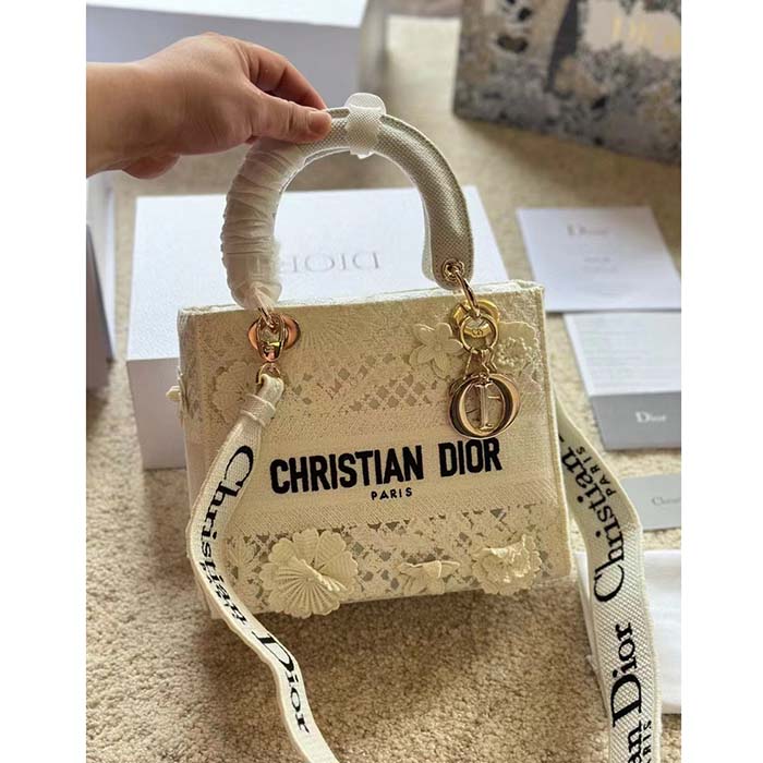 Dior Women CD Medium Lady D-Lite Bag Natural D-Lace Embroidery 3D Macramé Effect