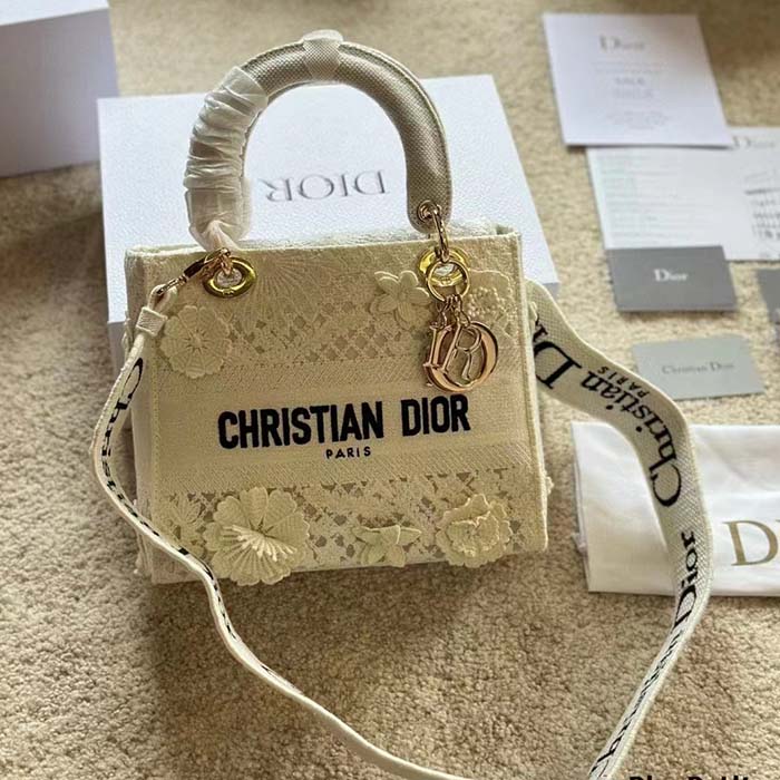 Dior Women CD Medium Lady D-Lite Bag Natural D-Lace Embroidery 3D Macramé Effect