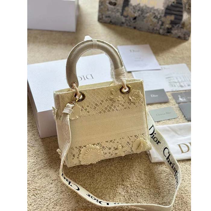 Dior Women CD Medium Lady D-Lite Bag Natural D-Lace Embroidery 3D Macramé Effect