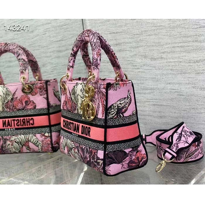 Dior Women CD Medium Lady D-Lite Bag Pink Multicolor Toile De Jouy Voyage Embroidery