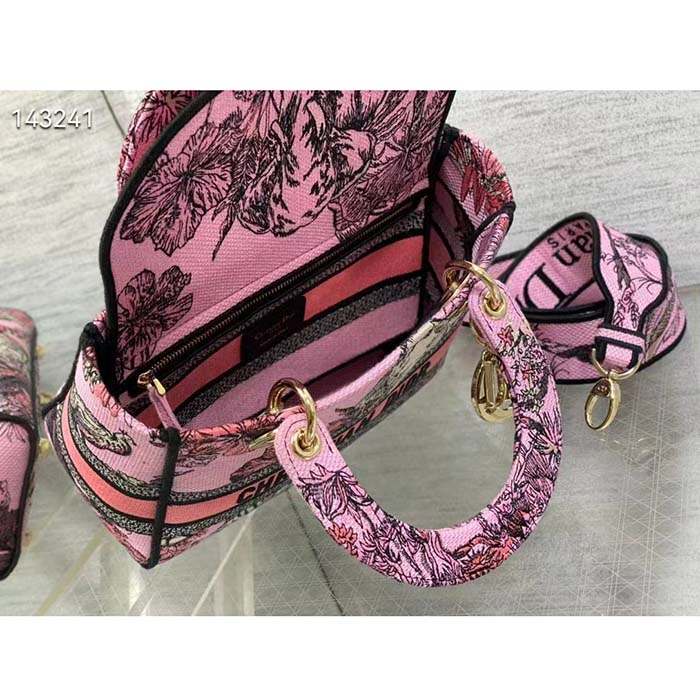 Dior Women CD Medium Lady D-Lite Bag Pink Multicolor Toile De Jouy Voyage Embroidery
