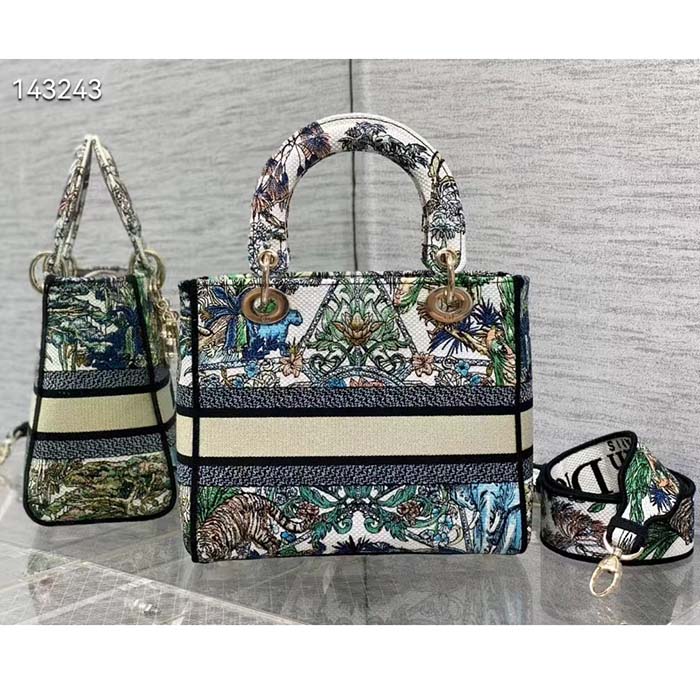Dior Women CD Medium Lady D-Lite Bag White Multicolor Étoile De Voyage Embroidery