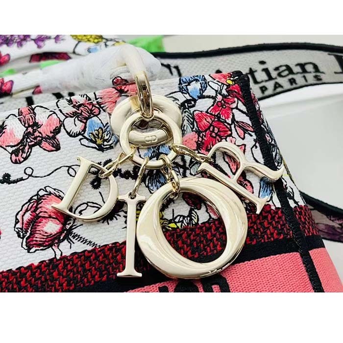 Dior Women CD Medium Lady D-Lite Bag White Multicolor Florilegio Embroidery
