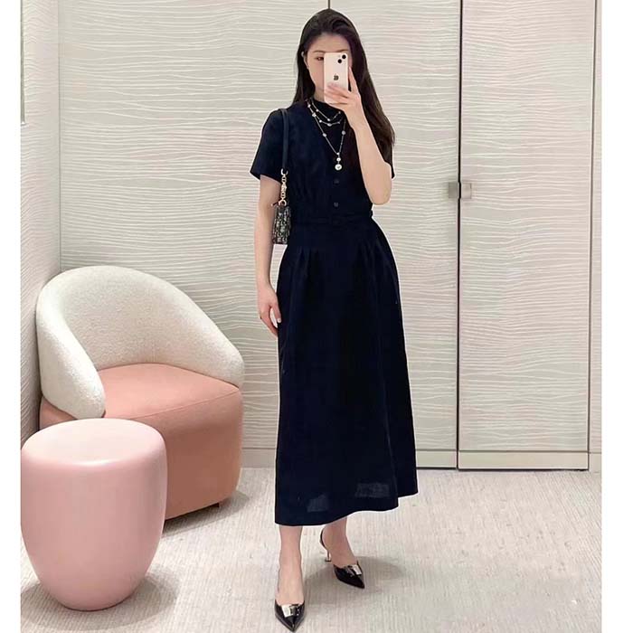 Dior Women CD Mid-Length Shirt Dress Gray Silk Tonal Belt Pleated Style Unlined
