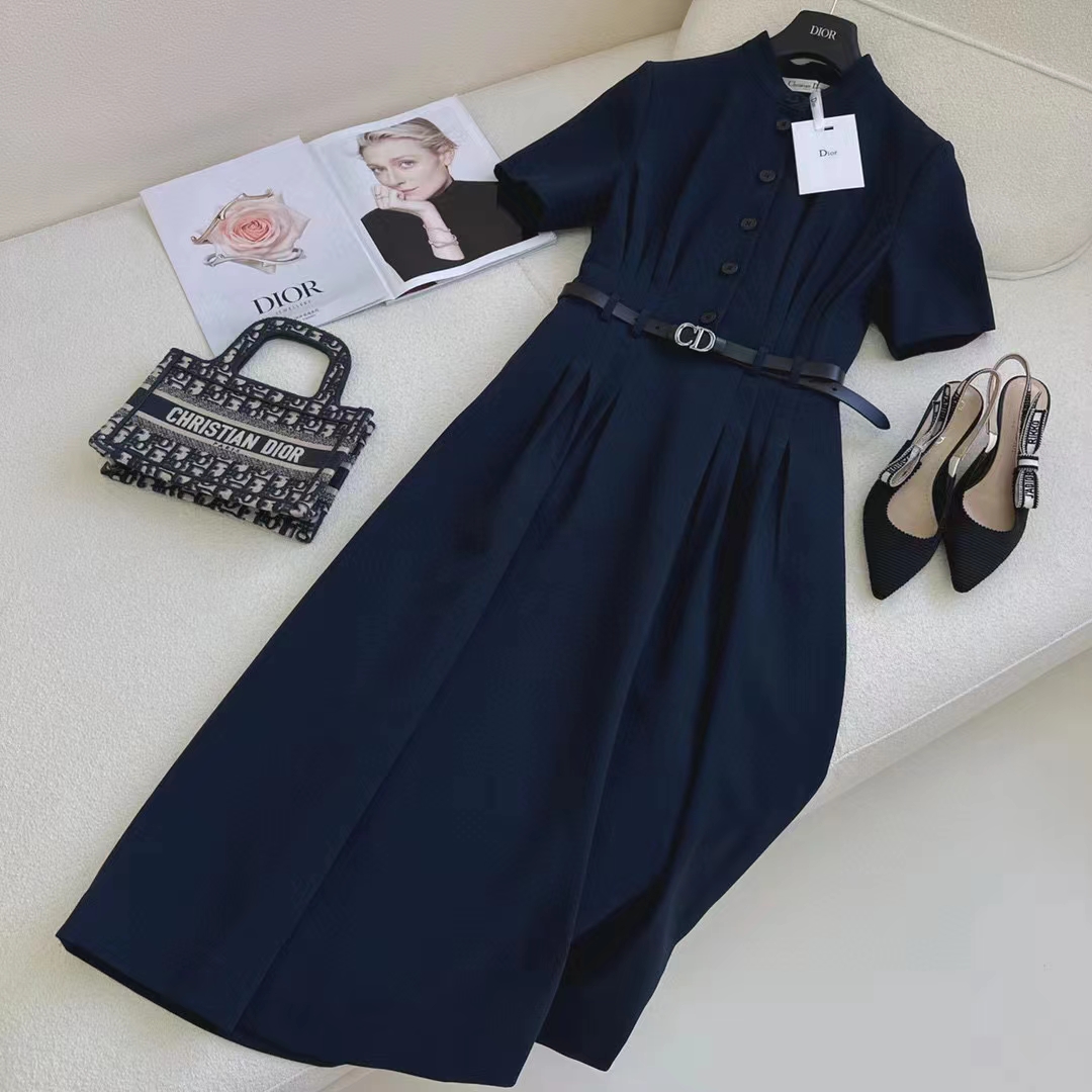 Dior Women CD Mid-Length Shirt Dress Gray Silk Tonal Belt Pleated Style Unlined