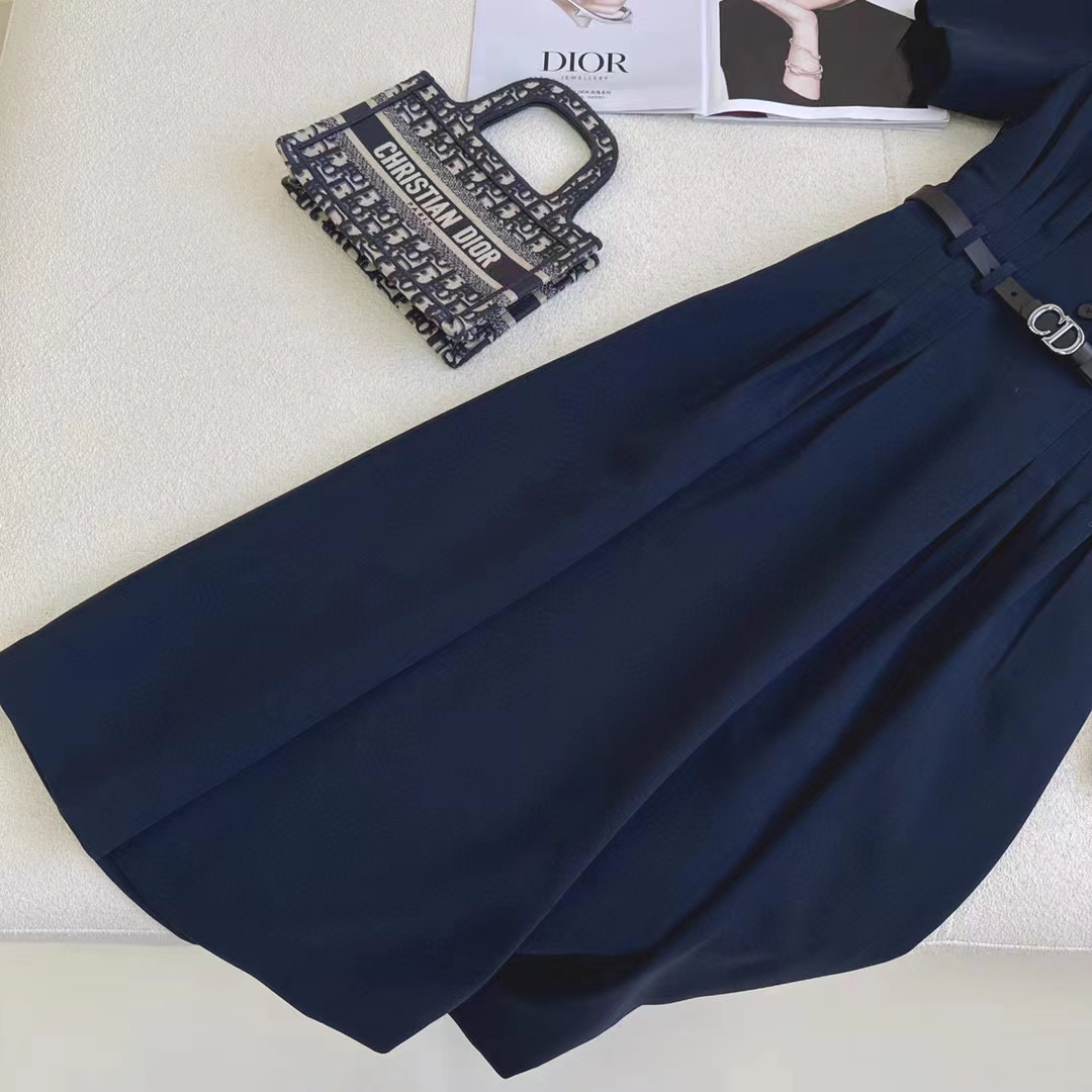 Dior Women CD Mid-Length Shirt Dress Gray Silk Tonal Belt Pleated Style Unlined