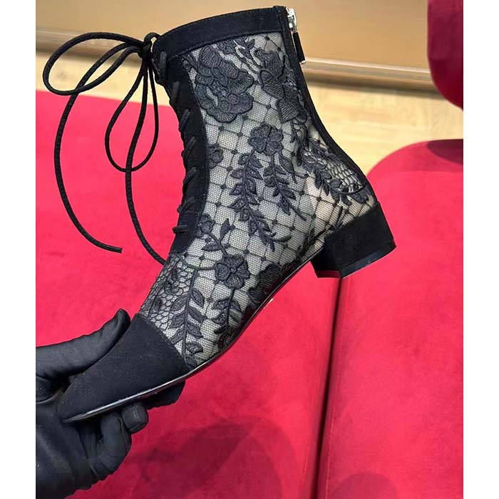 Dior Women CD Naughtily-D Ankle Boot Black Transparent Mesh Suede Embroidered Roses