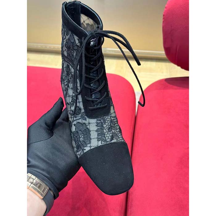 Dior Women CD Naughtily-D Ankle Boot Black Transparent Mesh Suede Embroidered Roses