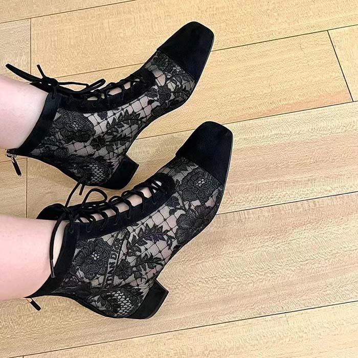 Dior Women CD Naughtily-D Ankle Boot Black Transparent Mesh Suede Embroidered Roses